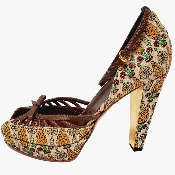 GUCCI SHOES STRAPPY SANDALS PRINT CANVAS BROWN LEATHER HIGH HEEL sz 7.5 37.5 - Picture 1 of 14